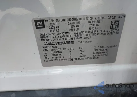 2018 Chevrolet Equinox Lt из США, поврежденный, VIN 3GNAXJEV2JS625558